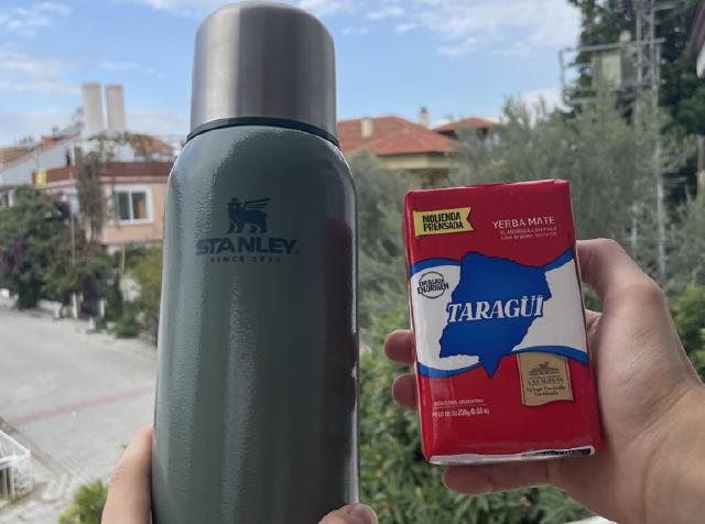 Image of Stanley Green Bottle and Small Package of Taragui Yerba Mate